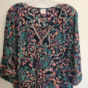 Bila Blouse Top Womens S Multicolor Floral Long Sleeve Pullover Round Neck Rayon